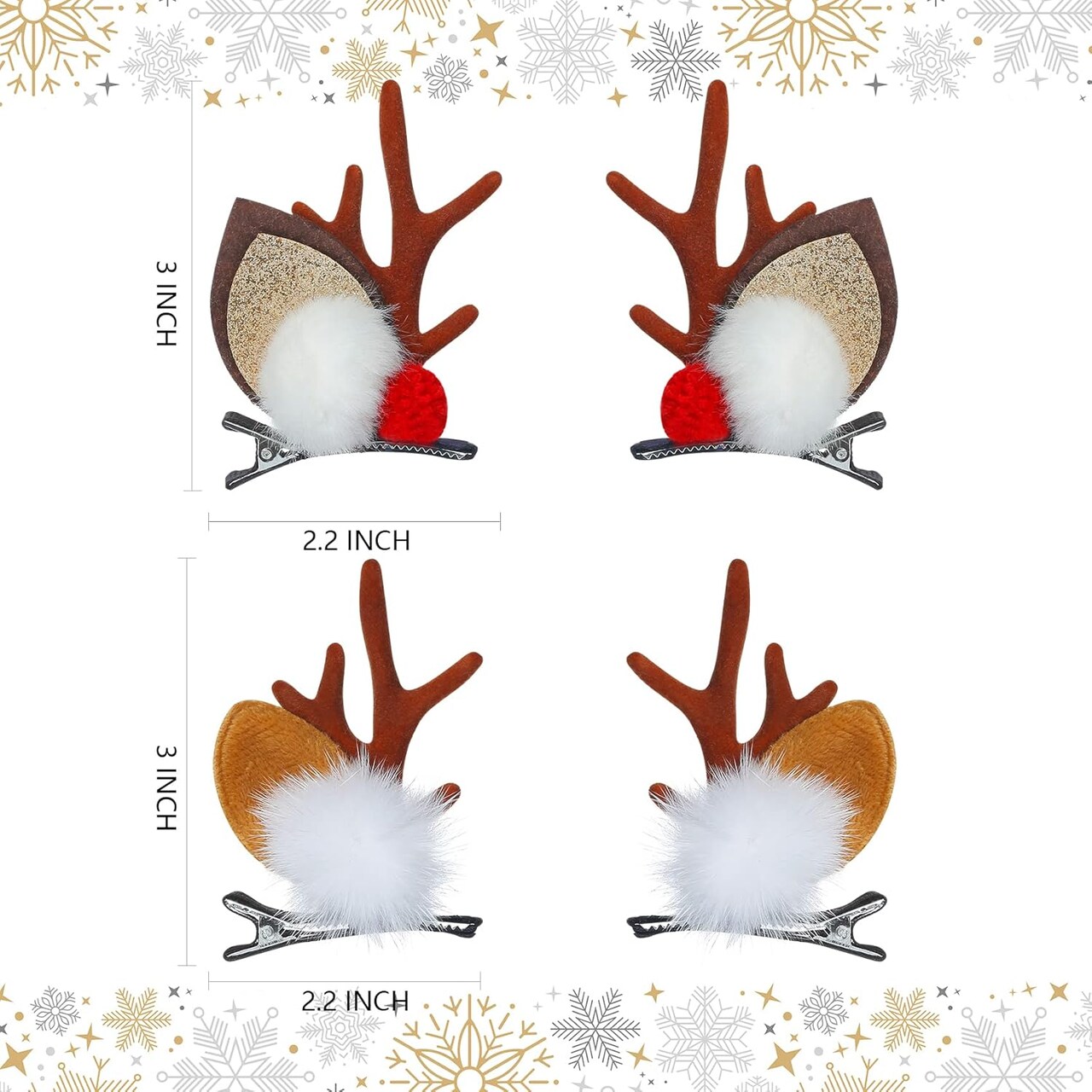 Christmas Hair Clip, 2 Pairs Cute Reindeer Antlers Ears Hair Accessory with Plush Ball, Christmas Hair Pins for Women Girls Kids and Party Favors